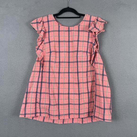 Anthropologie Tops - Anthropologie Coral Pink Plaid Ruffle-Sleeve Top